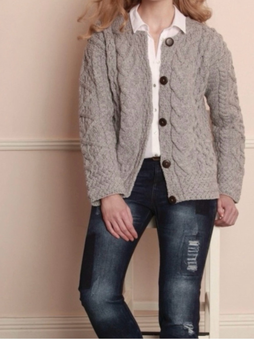 Women's Cable-Knit Button Front CHUNKY sweater-Stretchy-Merino‎ Wool-Ireland